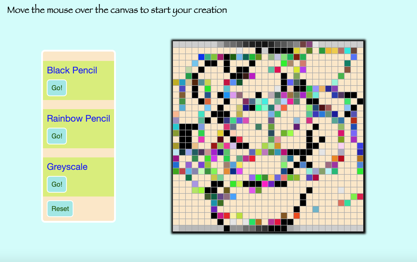 image of squares that have been filled in with black, grey, or rainbow colors